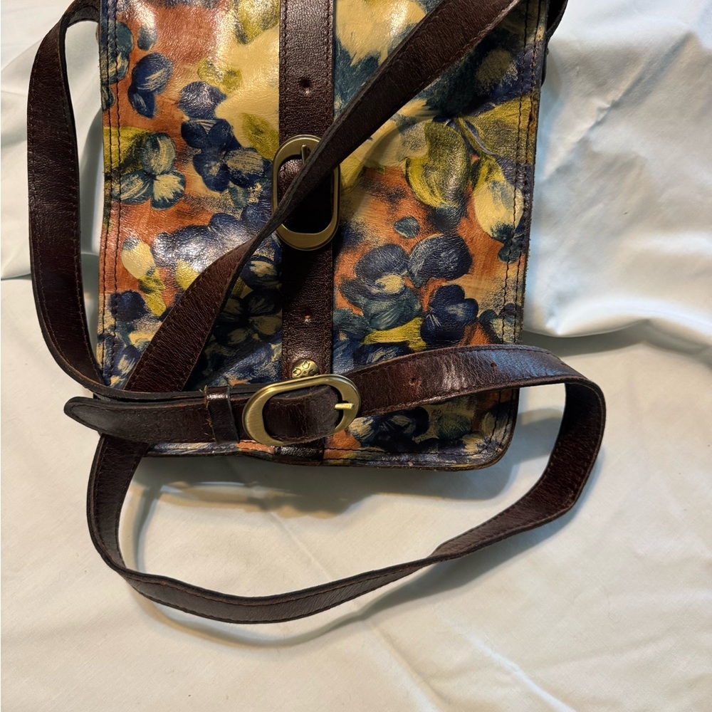 Patricia Nash Brown and Blue Crossbody Bag with Floral Design